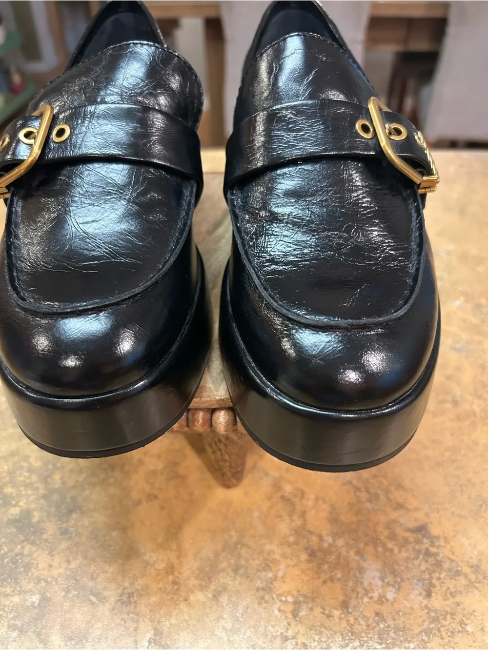 Anthropologie /Dolce Vita Yonder Black Platform Loafer with Gold Buckle